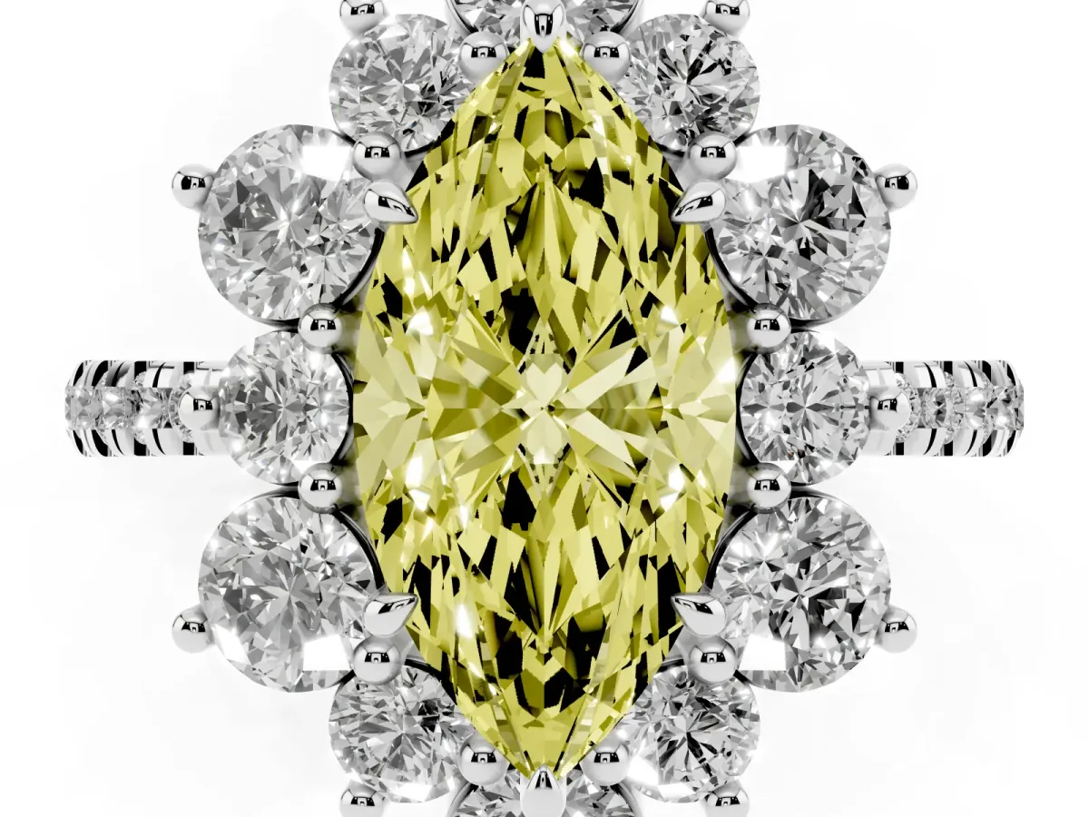 Fancy Yellow Marquise Cut Diamond Floral Halo Ring with Round Pavé Band and Prong Setting Silver