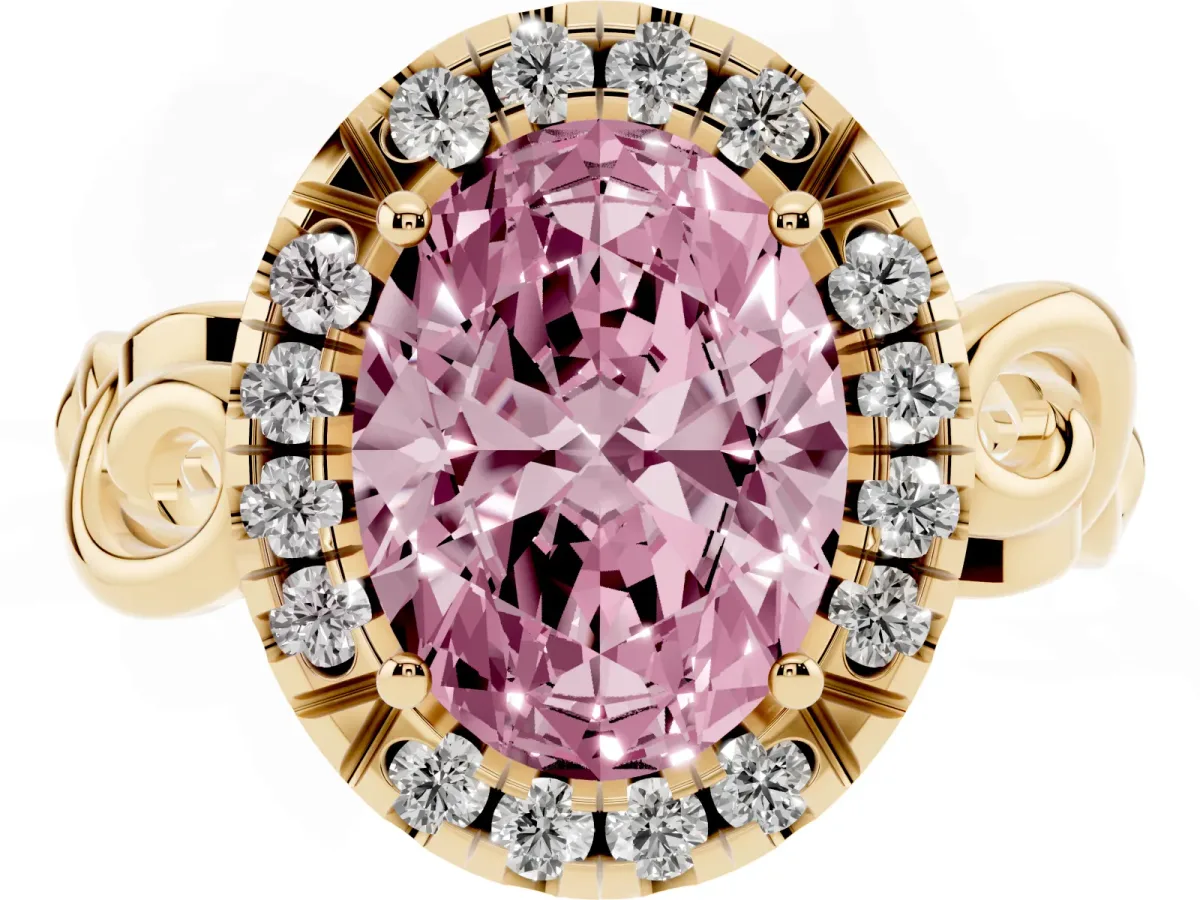 Fancy Pink Oval Cut Cut Halo Diamond Ring with Scrollwork Band and Four-Prong Setting Yellow gold