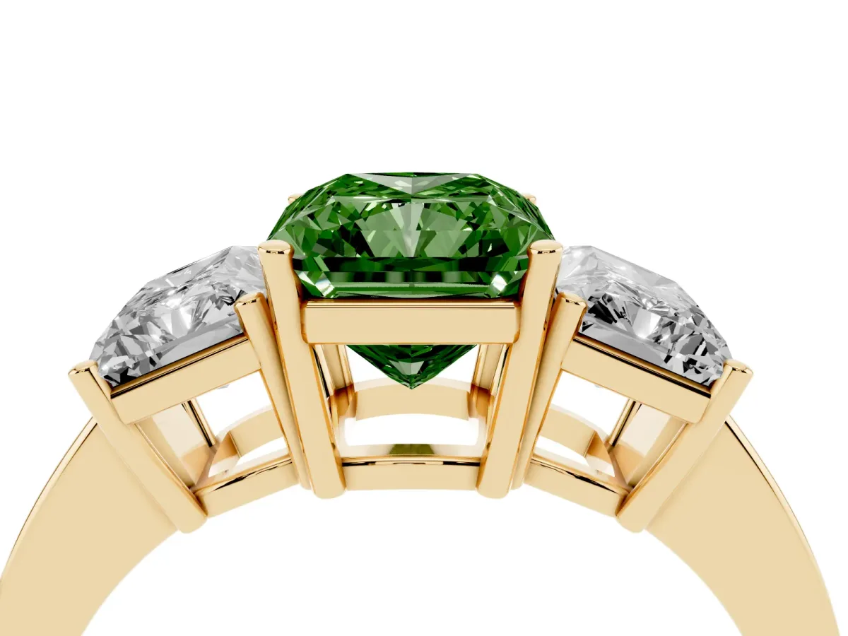 Fancy Green Three-Stone Radiant Cut Cut Diamond Engagement Ring with Flat Band and Four-Prong Setting Yellow gold