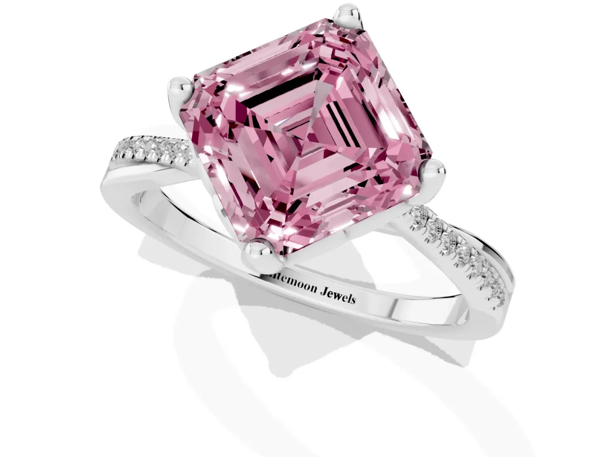 Fancy Pink Asscher Cut Solitaire Twist Band with Pavé Diamonds and Four-Prong Setting White gold