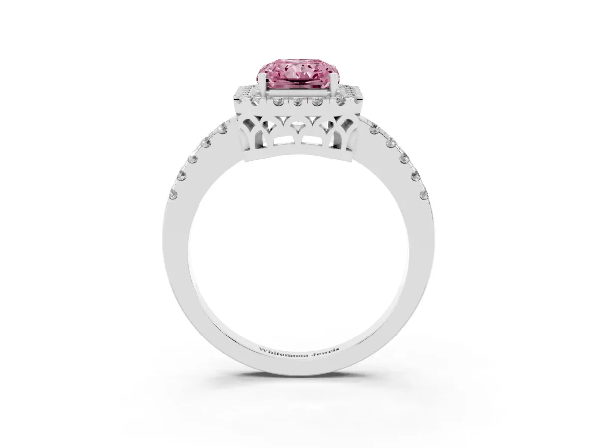 Fancy Pink Radiant Cut Halo Diamond Engagement Ring with Pavé Band and Four-Prong Setting Platinum