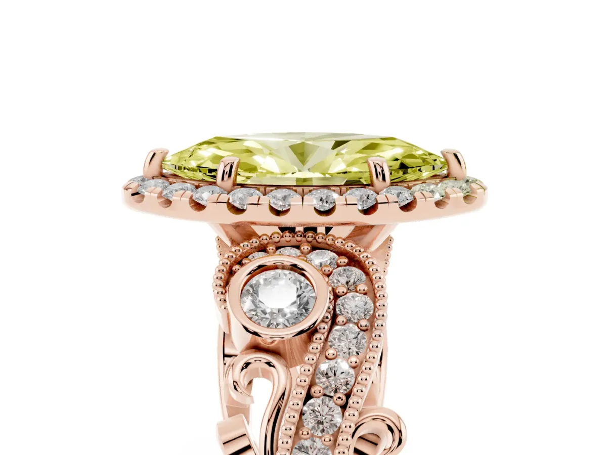 Fancy Yellow Marquise Cut Diamond Halo Ring with Milgrain Pavé Band and Four-Prong Setting Rose gold