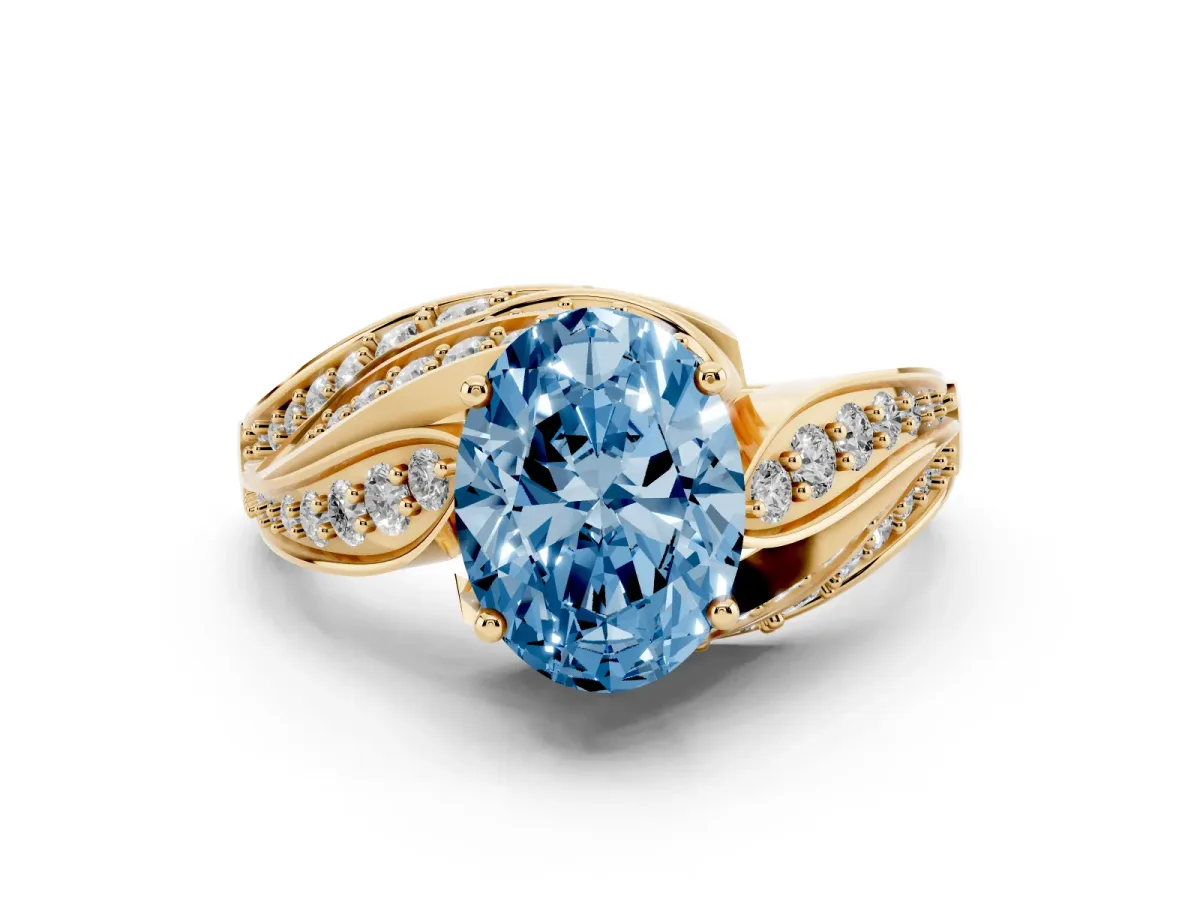 Fancy Blue Oval Cut Diamond Solitaire Ring with Prong Setting and Twisted Pavé Band Yellow gold