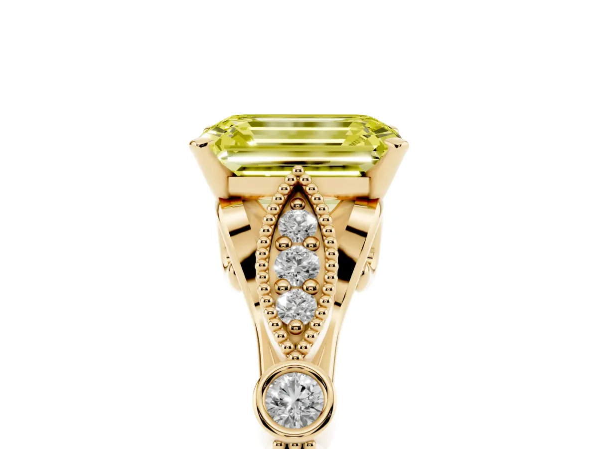 Fancy Yellow Emerald Cut Cut Diamond with Milgrain Marquise and Bezel Accents on a Solitaire Band with Prong Setting Yellow gold