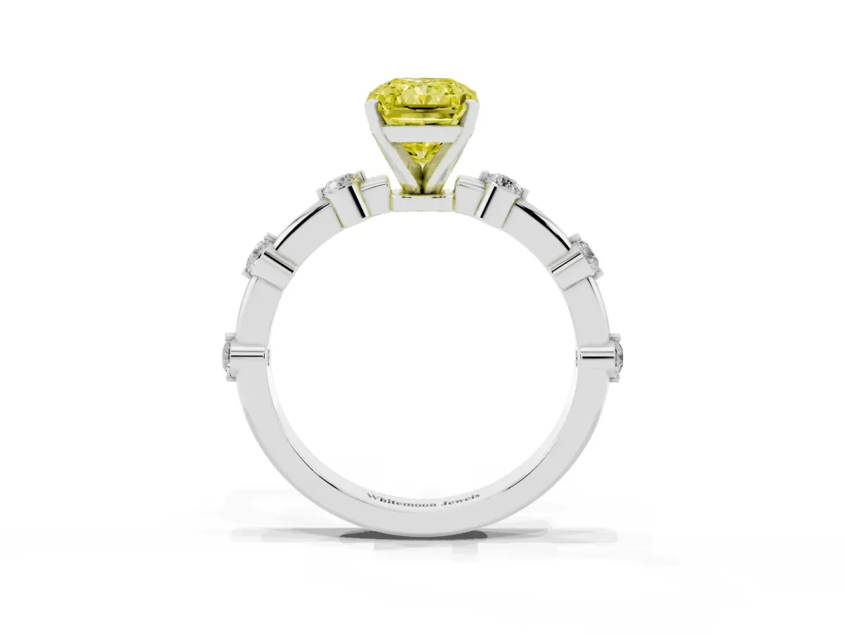 Fancy Yellow Radiant Cut Solitaire Diamond Ring with Bezel Set Side Stones and Prong Setting Silver