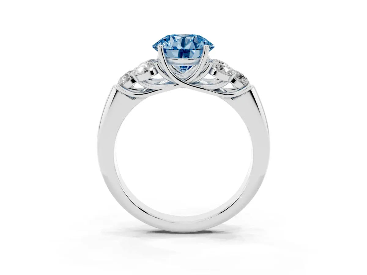 Fancy Blue Round Cut Cut Diamond Cluster Ring with Round Accent Stones and Prong Setting on a Classic Band Silver