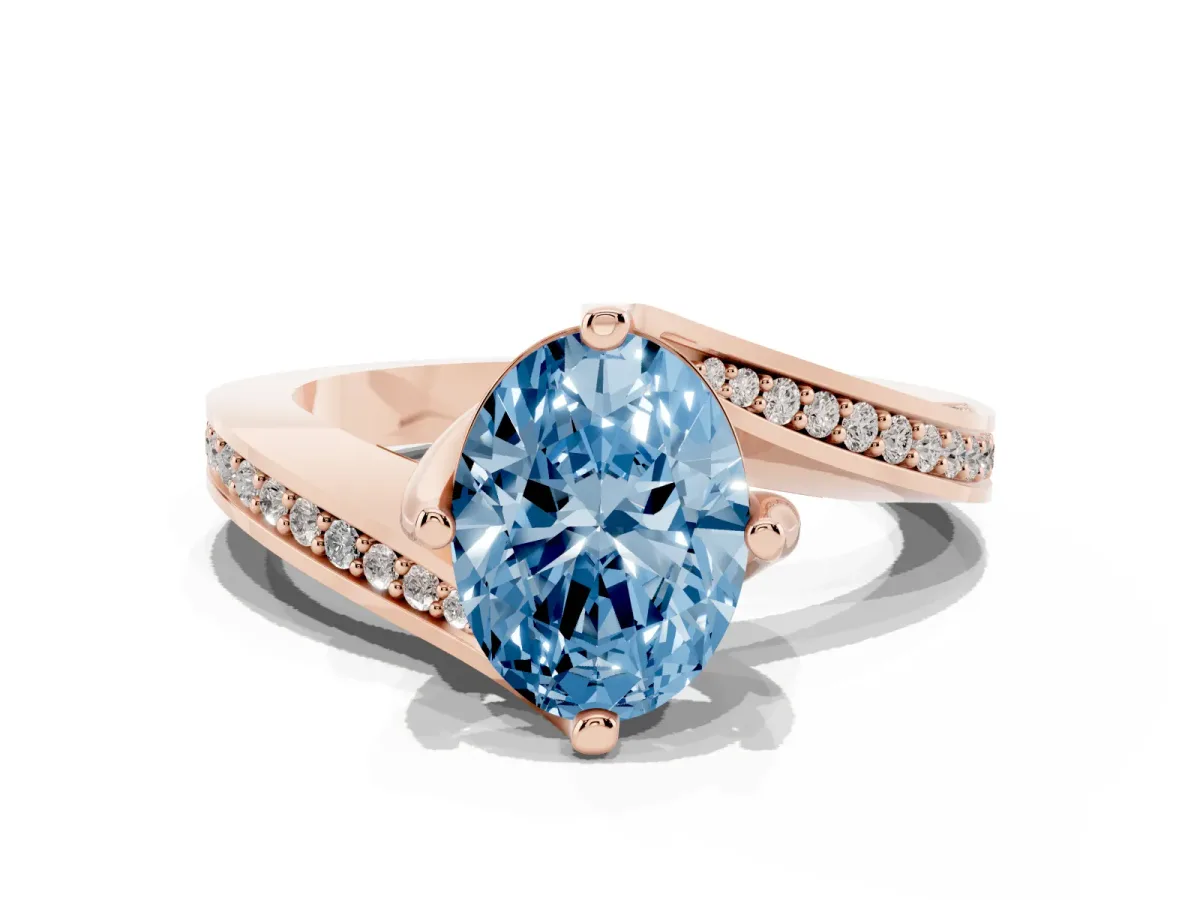 Fancy Blue Oval Cut Solitaire Diamond Twist Band with Pavé Setting and Four-Prong Setting Rose gold