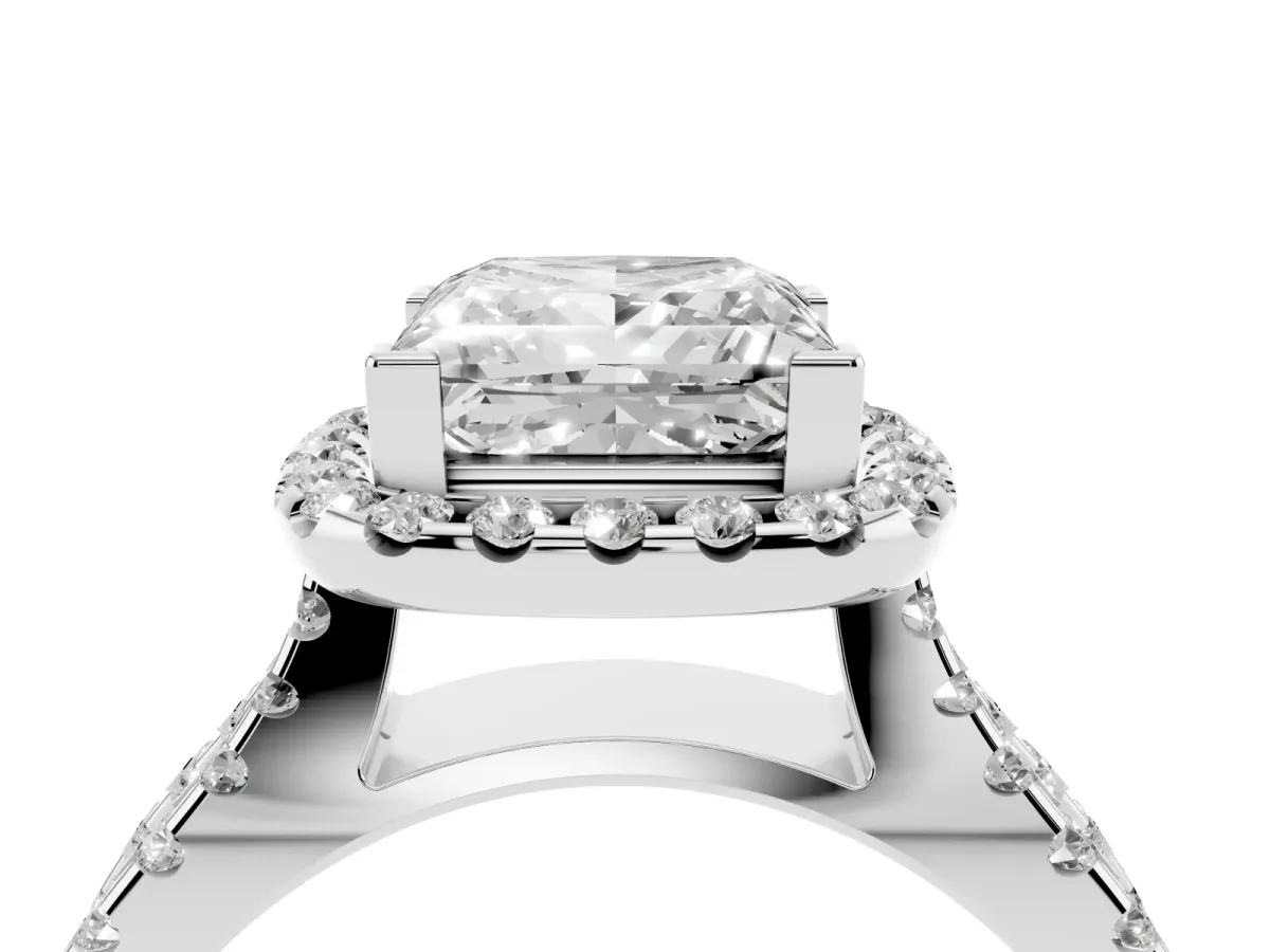 Princess Cut Diamond Halo Ring with Split Shank Pavé Band and Prong Setting Silver