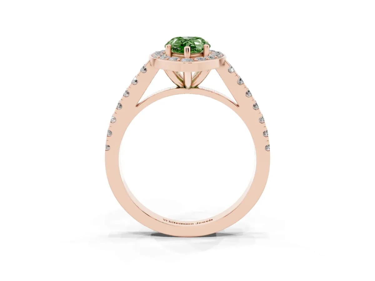 Fancy Green Pear Cut Diamond Halo Ring with Round Pavé Split Shank and Prong Setting Rose gold