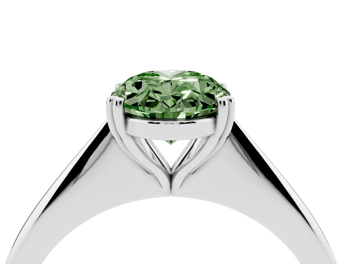 Fancy Green Oval Cut Solitaire Diamond Ring with Six-Prong Setting and Classic Band Silver