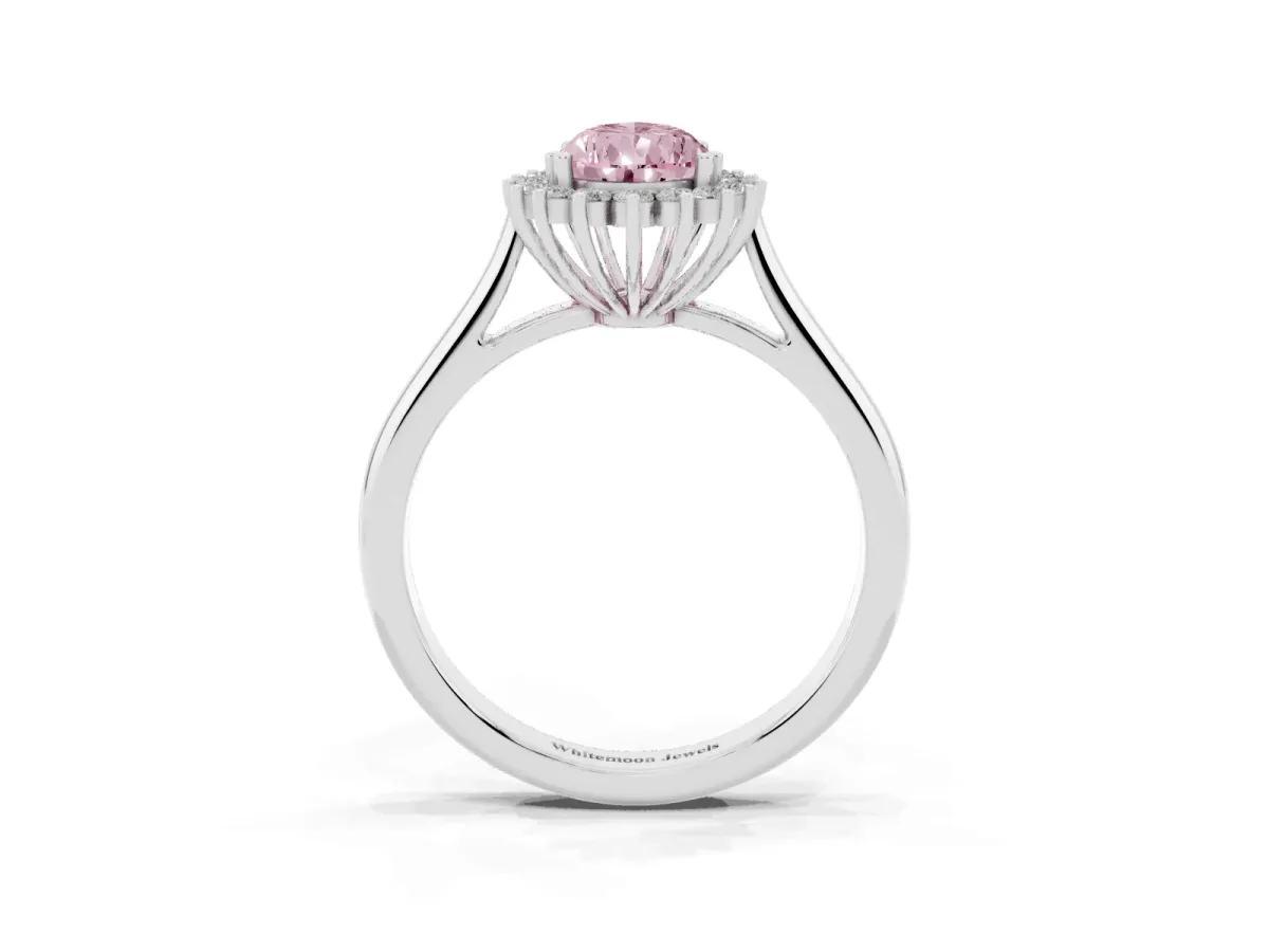 Fancy Pink Pear Cut Cut Diamond Halo Ring with Solitaire Band and Prong Setting Silver