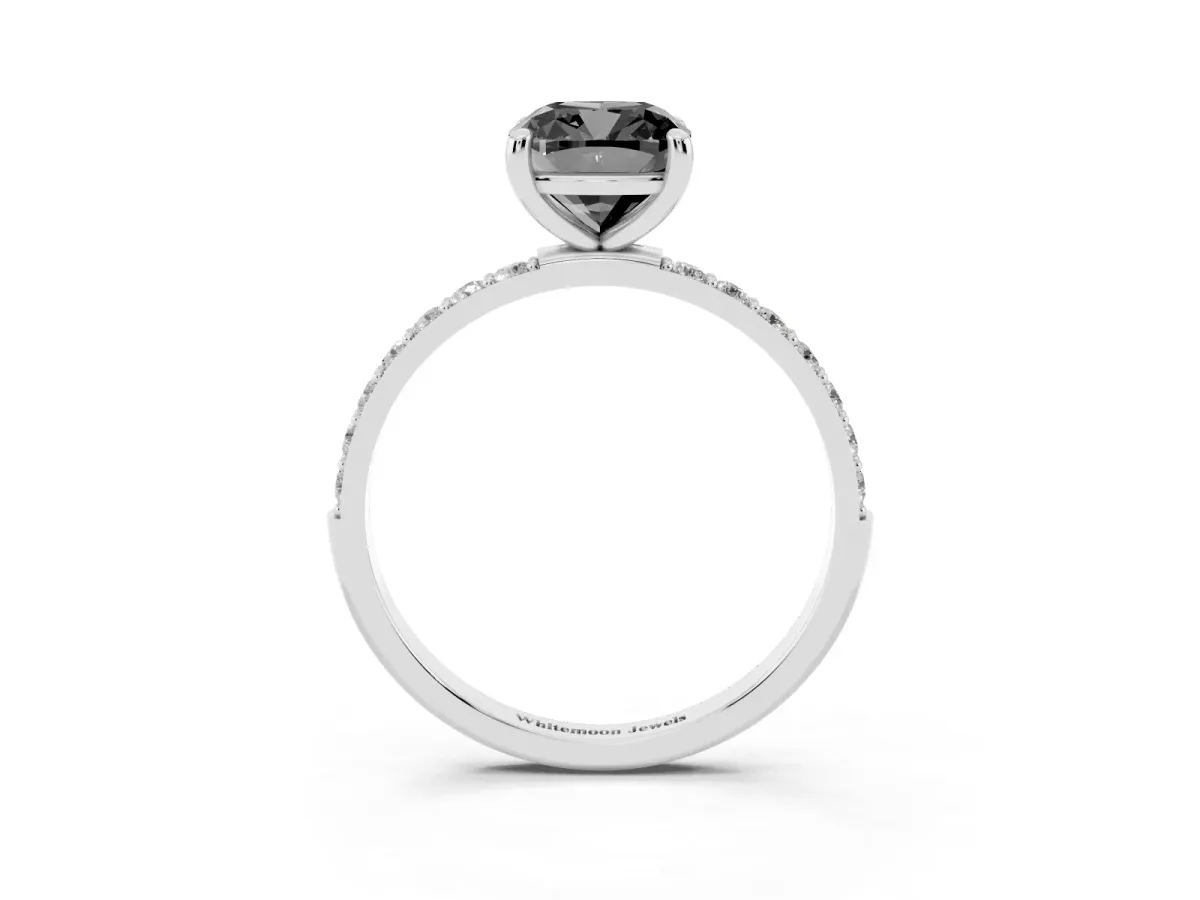 Fancy Black Cushion Cut Diamond Solitaire Ring with Round Pavé Band and Prong Setting Silver