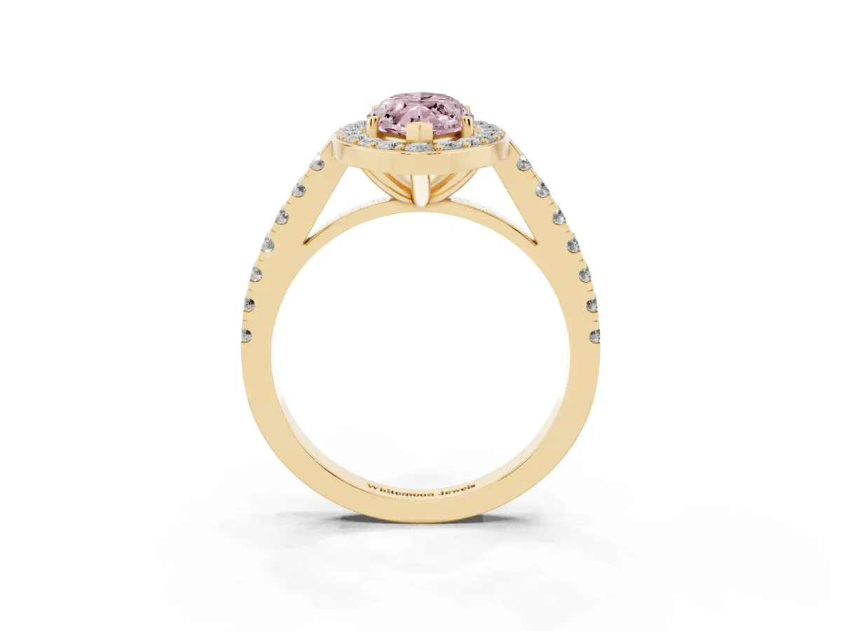 Fancy Pink Marquise Cut Diamond Halo Ring with Round Pavé Split Shank and Prong Setting Yellow gold