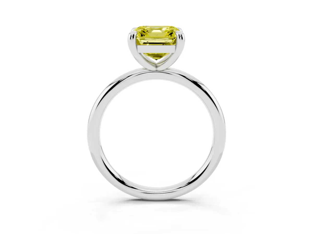 Fancy Yellow Asscher Cut Solitaire Diamond Ring with Four-Prong Setting on a Plain Band Platinum