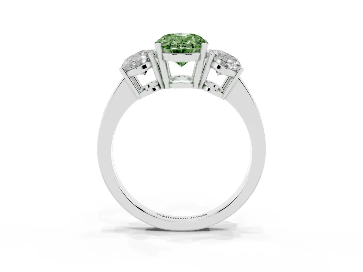 Fancy Green Three-Stone Oval Cut Cut Diamond Engagement Ring with Flat Band and Four-Prong Setting Silver