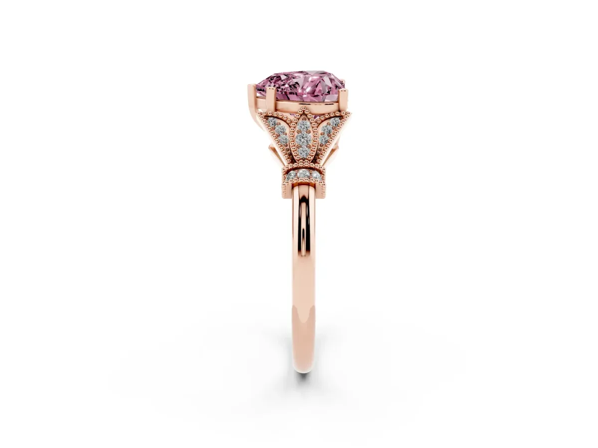 Fancy Pink Heart Cut Diamond Solitaire Ring with Floral Filigree and Pave Accents Rose gold