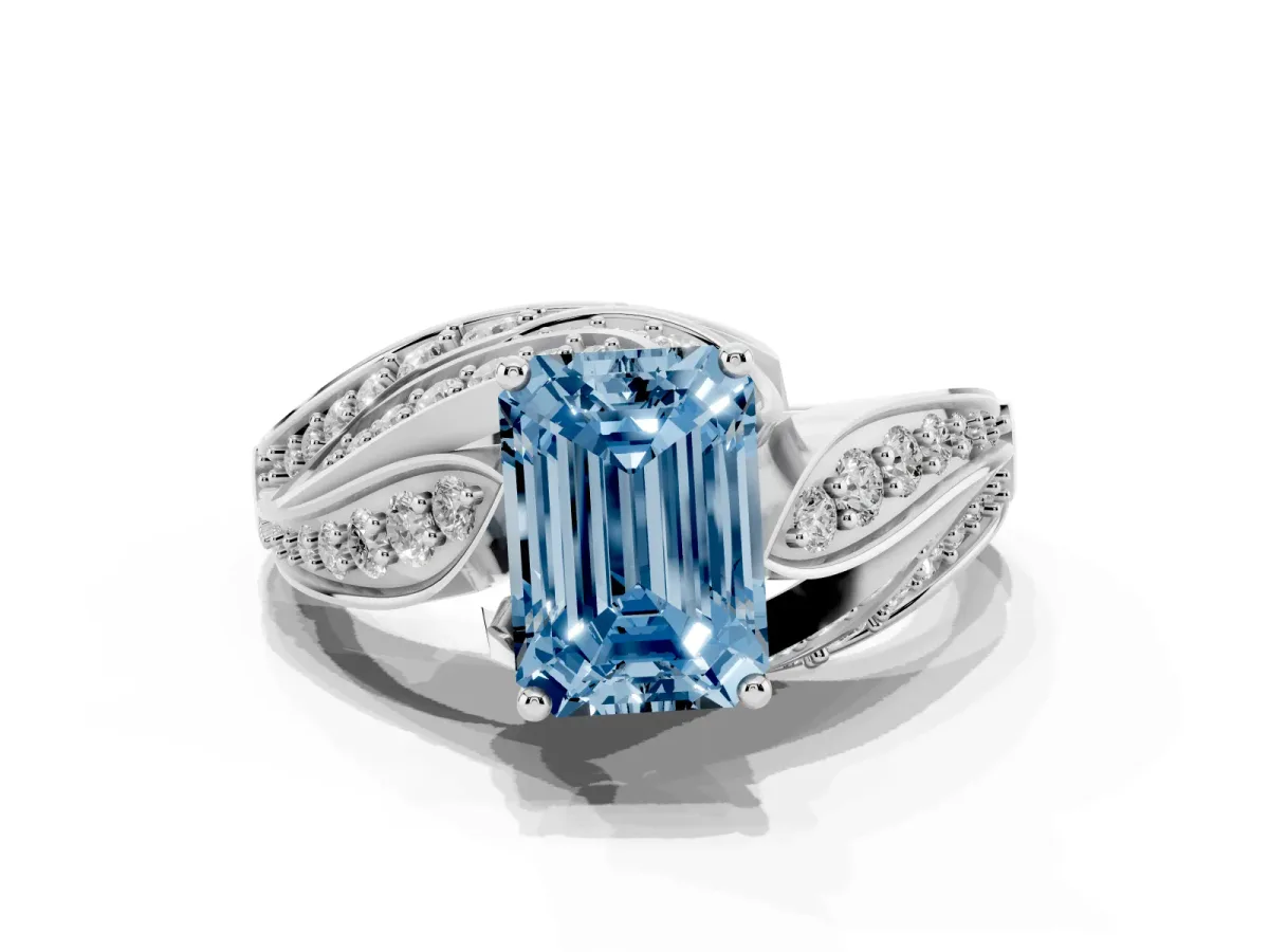 Fancy Blue Emerald Cut Diamond Solitaire Ring with Prong Setting and Twisted Pavé Band Platinum