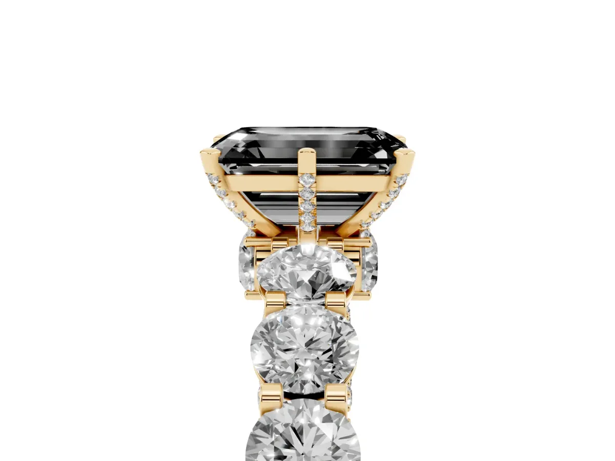 Fancy Black Emerald Cut Diamond Side Stone Engagement Ring with Four-Prong Setting Yellow gold