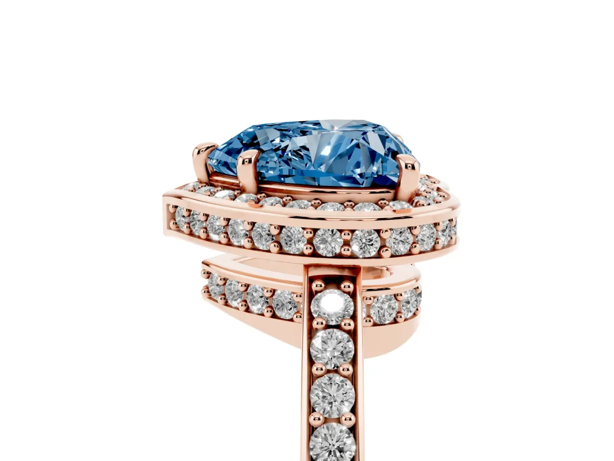 Fancy Blue Heart Cut Halo Pave Band Solitaire Ring with Prong Setting Rose gold
