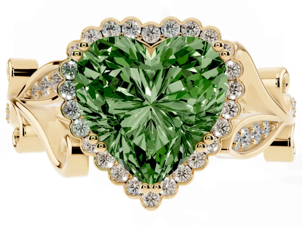 Fancy Green Heart Cut Diamond Halo Ring with Vintage Split Shank and Four-Prong Setting Yellow gold