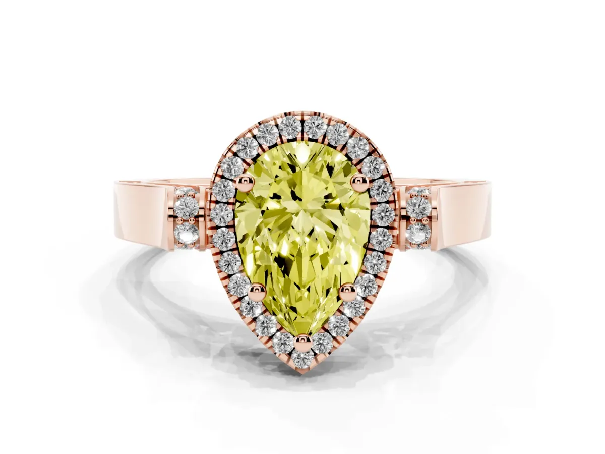 Fancy Yellow Pear Cut Halo Pave Split Shank Prong Setting Ring Rose gold
