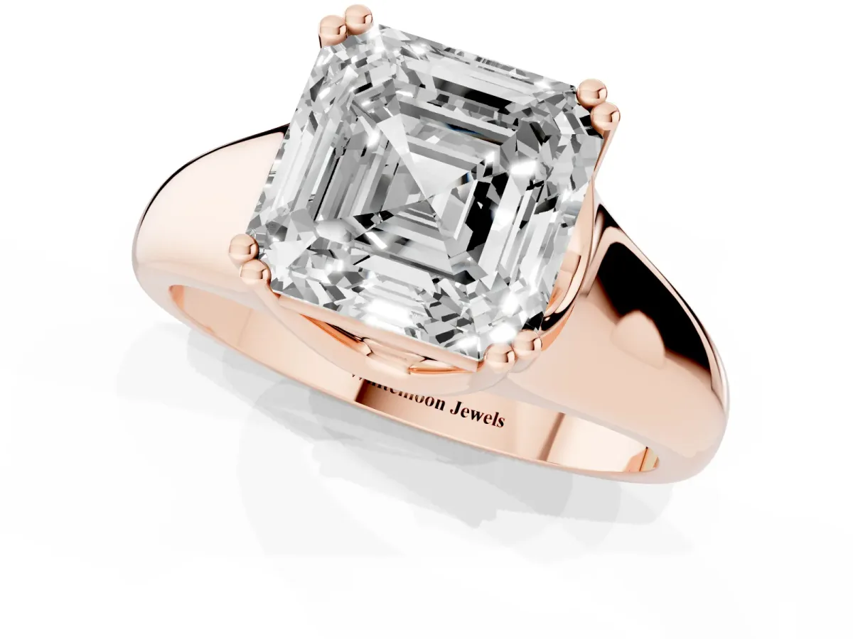 Asscher Cut Diamond Solitaire Ring with Wide Band and Prong Setting Rose gold