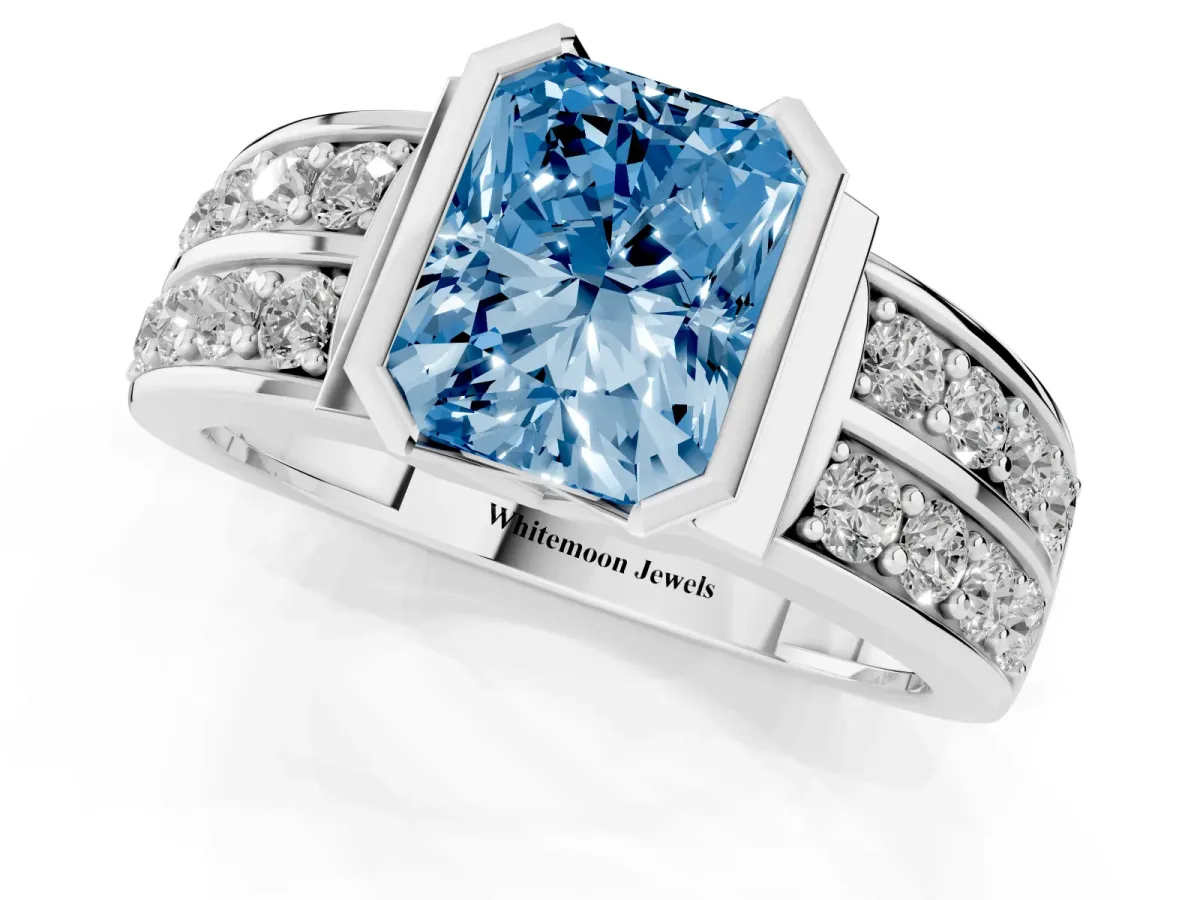 Fancy Blue Radiant Cut Brilliant Diamond Channel Set Wide Band Ring with Bezel Setting Platinum