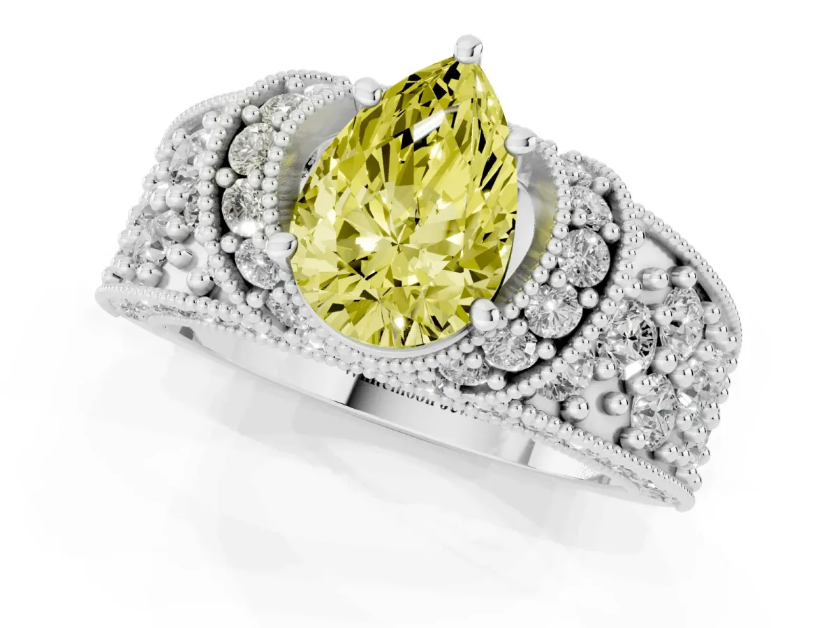Fancy Yellow Pear Cut Halo Pave Diamond Engagement Ring with Milgrain Detailing Silver