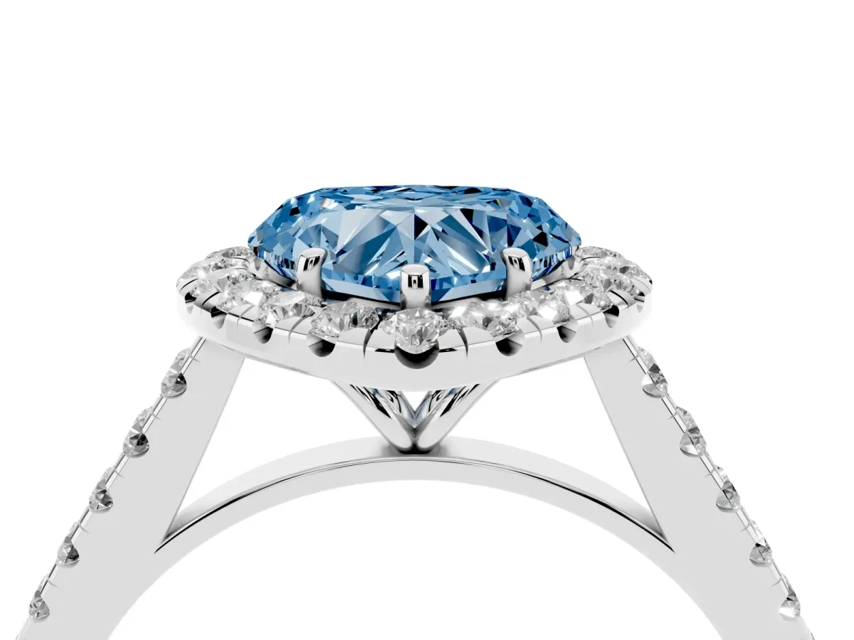 Fancy Blue Heart Cut Halo Pave Diamond Engagement Ring with Four-Prong Setting Platinum