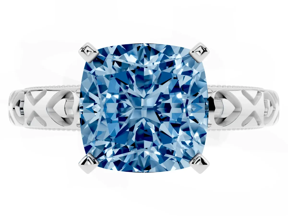Fancy Blue Cushion Cut Solitaire Diamond Engagement Ring with XO Engraved Band and Four-Prong Setting White gold