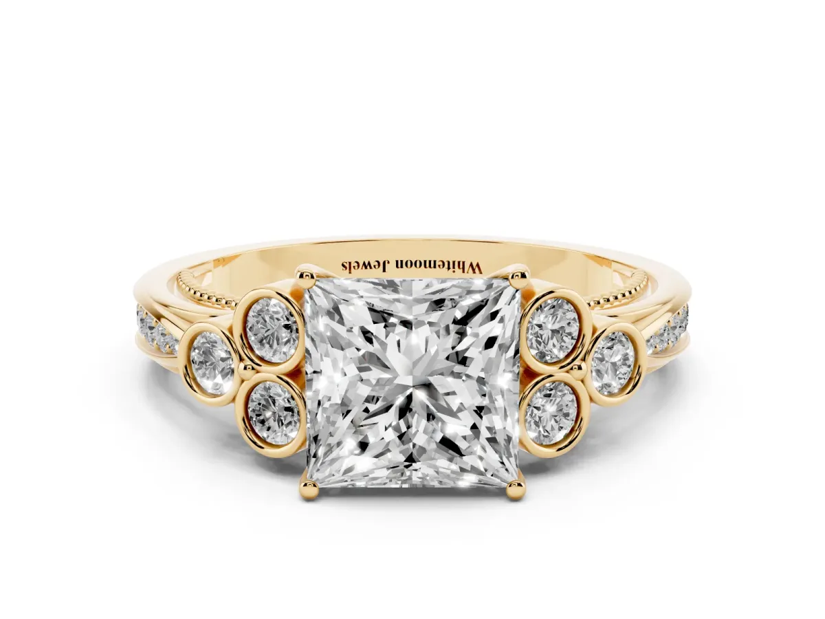 Princess Cut Cut Diamond Engagement Ring with Bezel Set Round Side Stones and Prong Setting Yellow gold
