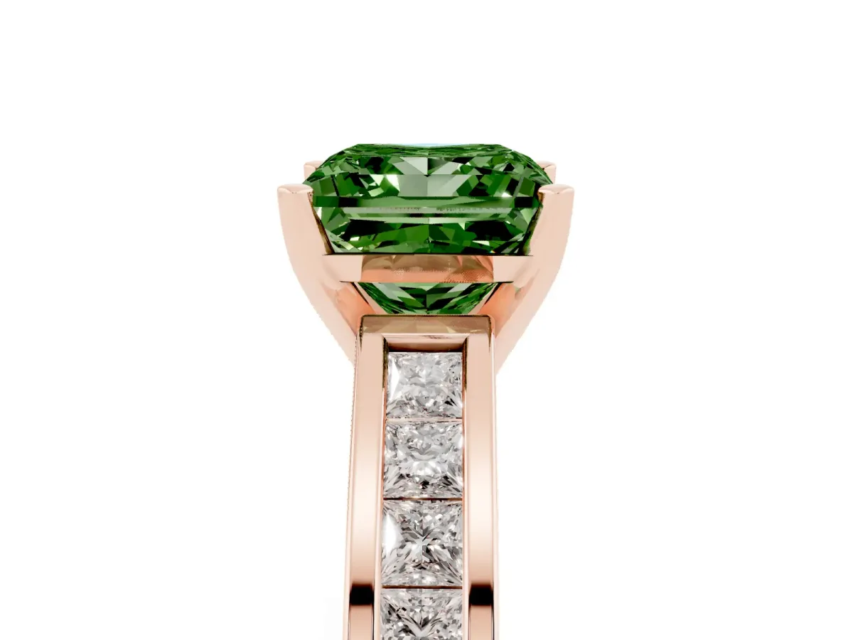 Fancy Green Princess Cut Solitaire Diamond Ring with Channel-Set Band and Four-Prong Setting Rose gold