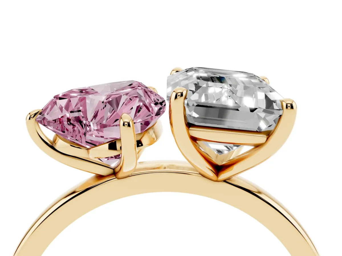 Fancy Pink Heart Cut and Emerald Cut Toi Moi Ring with Prong Setting Yellow gold