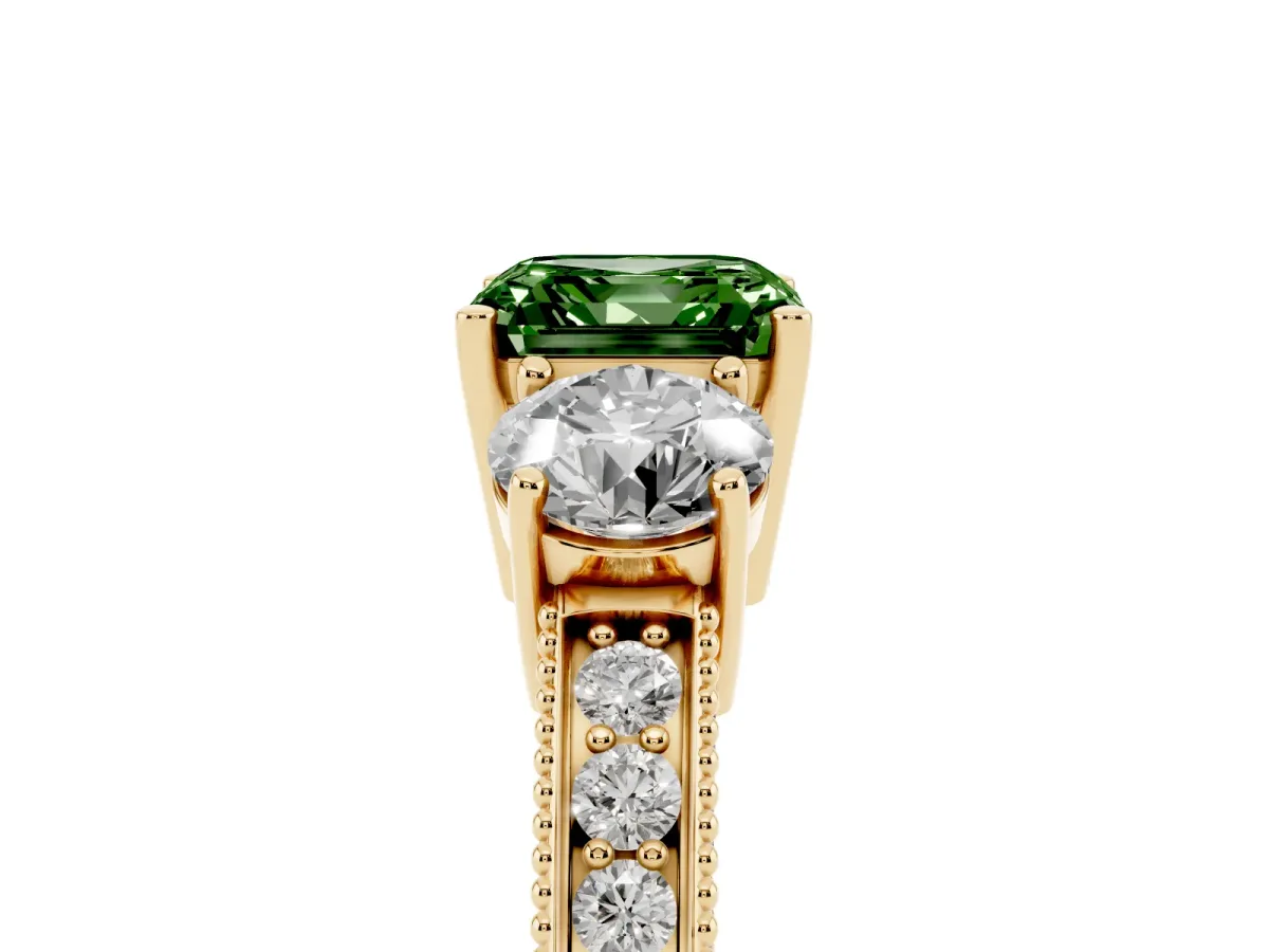 Fancy Green Asscher Cut Three-Stone Diamond Ring with Pavé Band and Four-Prong Setting Yellow gold