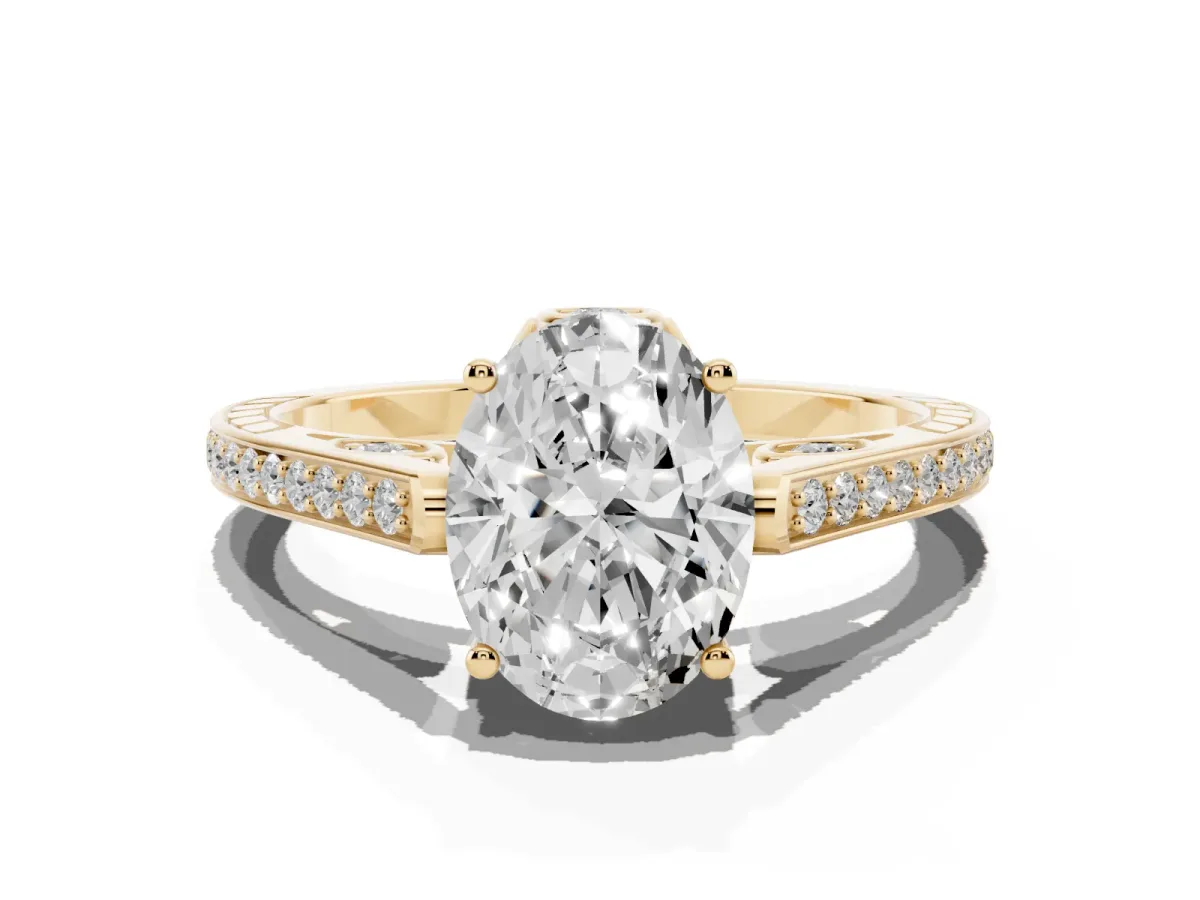 Oval Cut Cut Cathedral Pave Diamond Engagement Ring with Six-Prong Setting Yellow gold