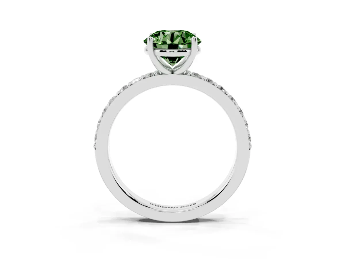 Fancy Green Round Cut Cut Diamond Solitaire with Pave Band and Four-Prong Setting Silver