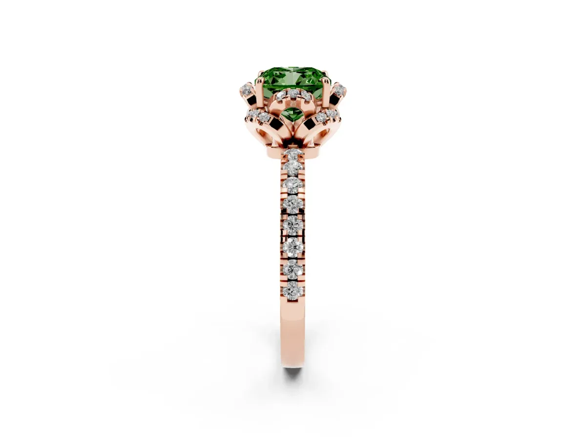 Fancy Green Cushion Cut Halo Diamond Pave Band Ring with Four-Prong Setting Rose gold