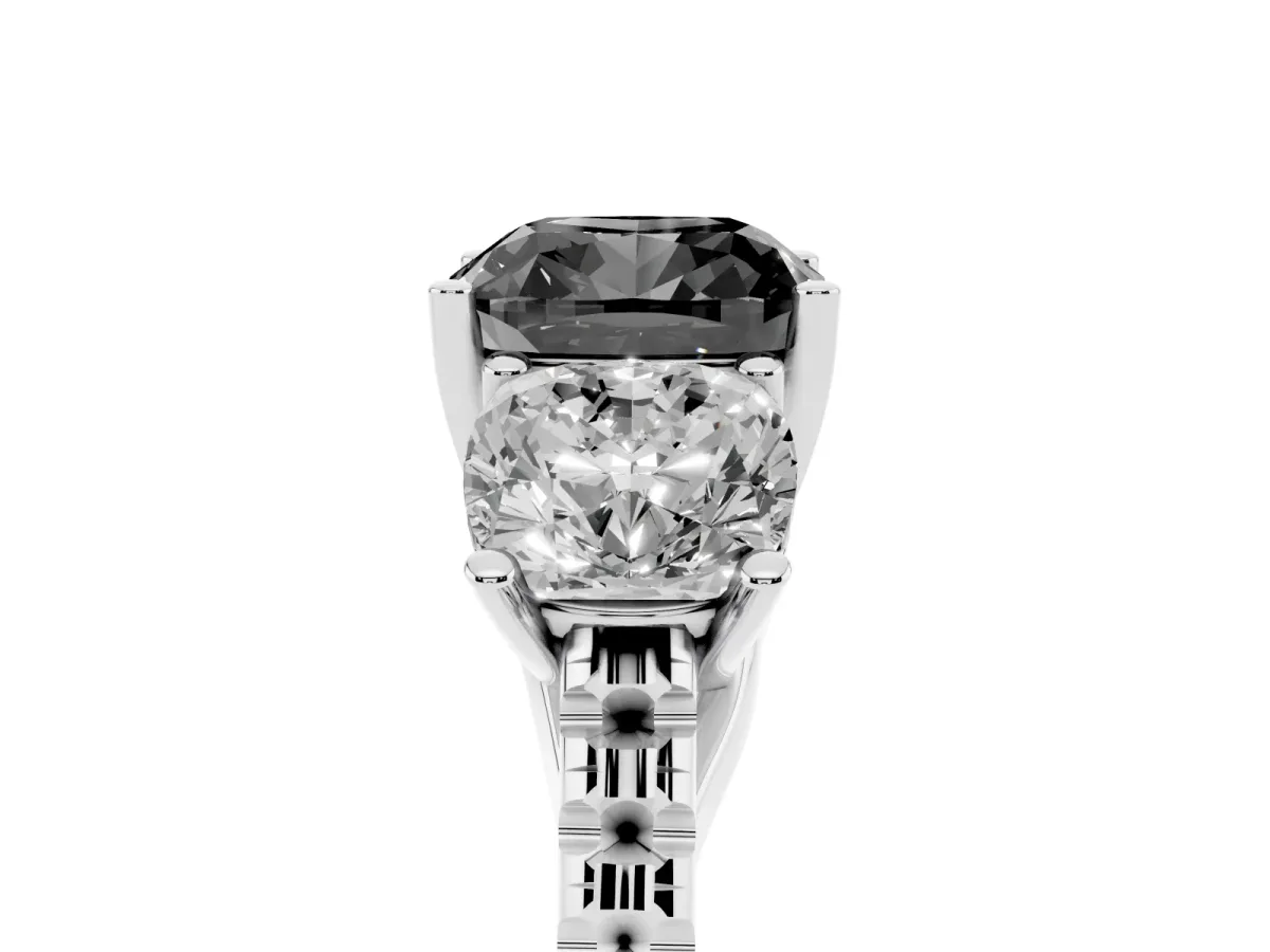 Fancy Black Three-Stone Cushion Cut Diamond Ring with Round Pavé Band and Prong Setting Silver