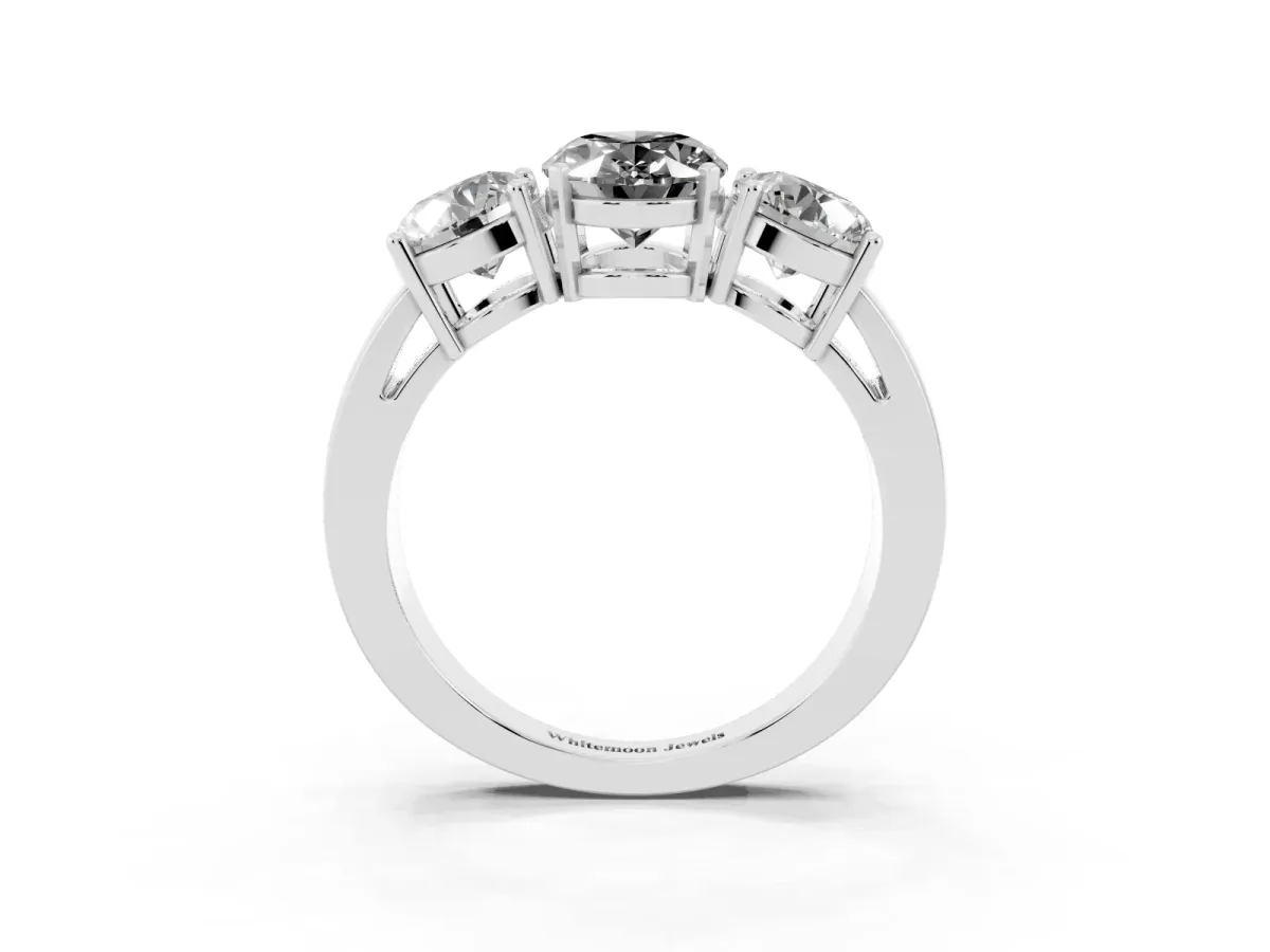 Fancy Black Three-Stone Oval Cut Diamond Ring with Round Side Stones, Classic Band, and Four-Prong Setting Silver