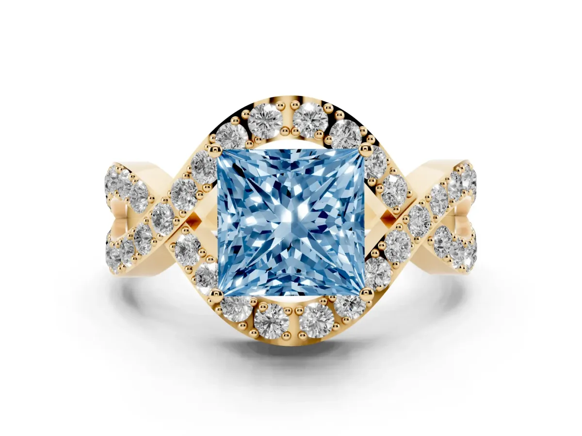 Fancy Blue Princess Cut Solitaire Twist Band Pavé Diamond Engagement Ring Yellow gold