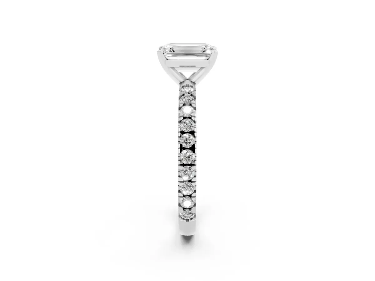 Emerald Cut Diamond Pavé Band Solitaire with Four-Prong Setting Silver