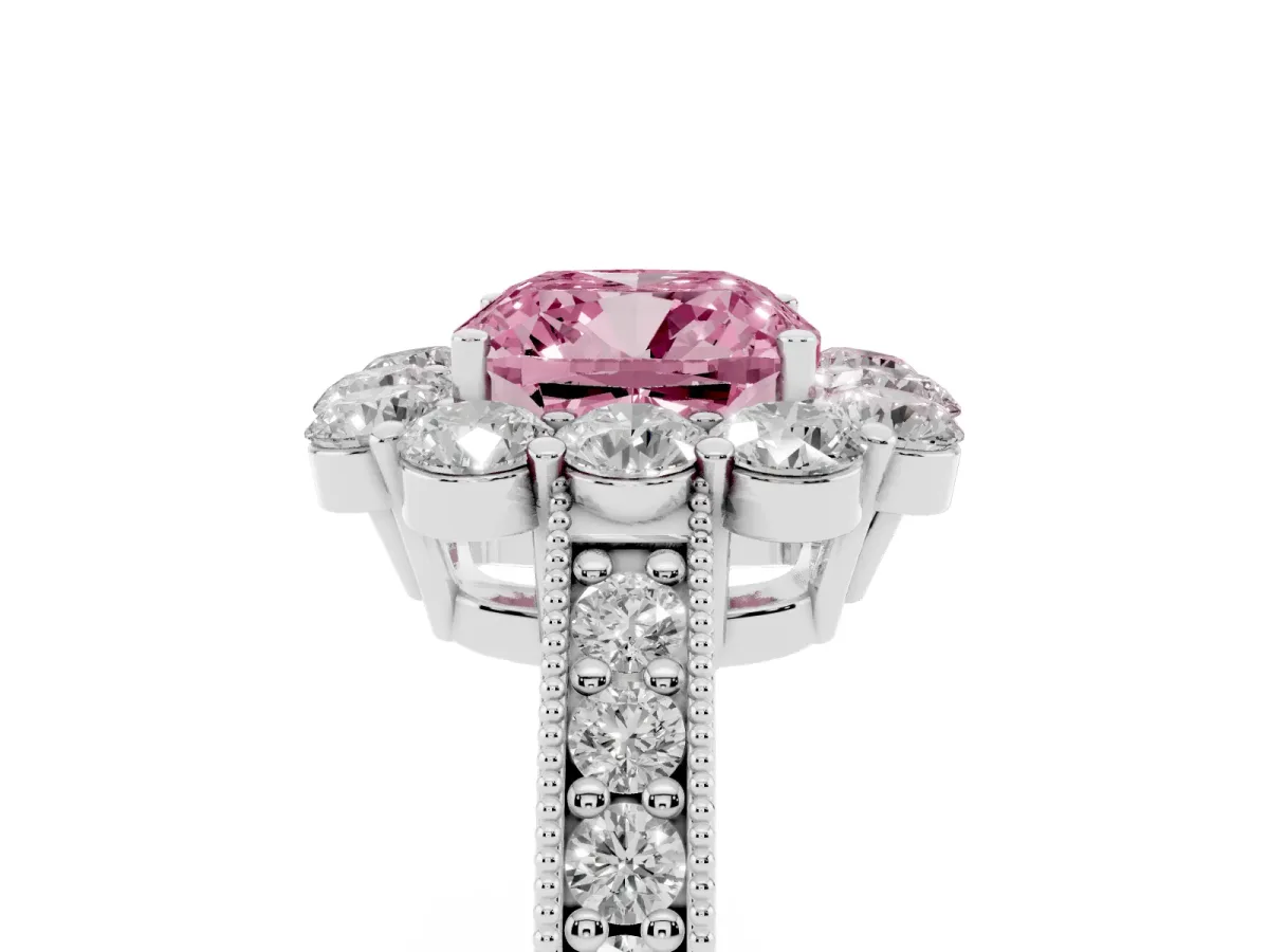 Fancy Pink Cushion Cut Cut Halo Diamond Pavé Engagement Ring with Milgrain Detailing Silver