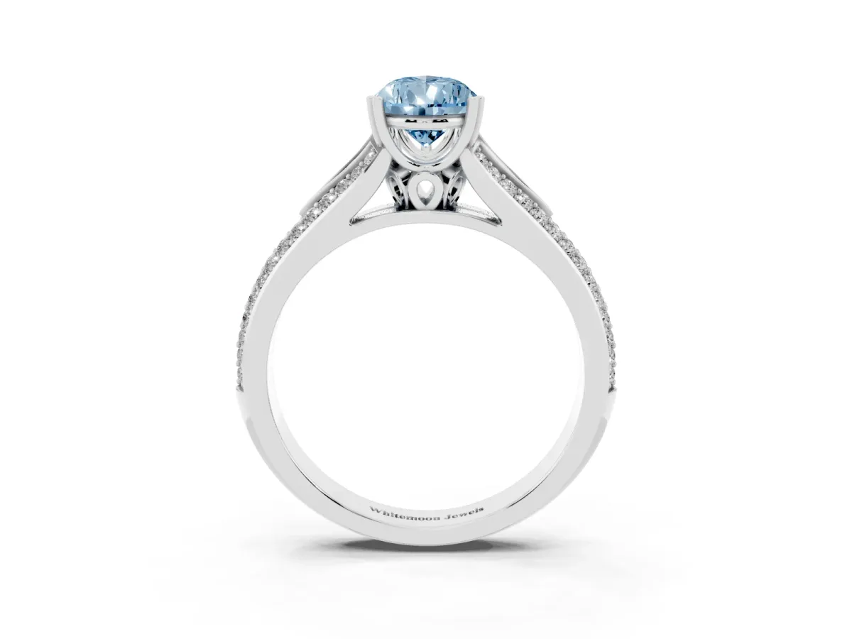 Fancy Blue Pear Cut Diamond Split Shank Engagement Ring with Pavé Band Silver
