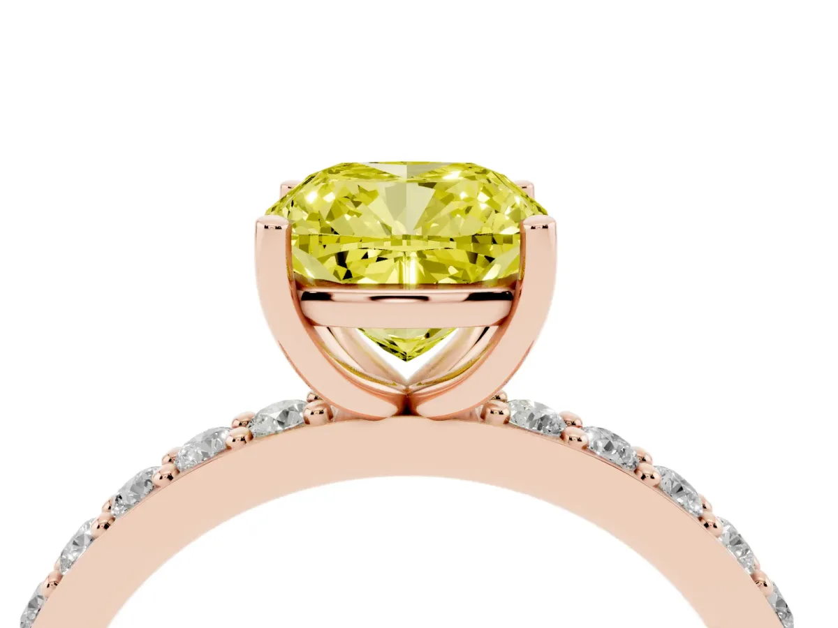 Fancy Yellow Cushion Cut Cut Diamond Solitaire with Pave Band and Four-Prong Setting Rose gold
