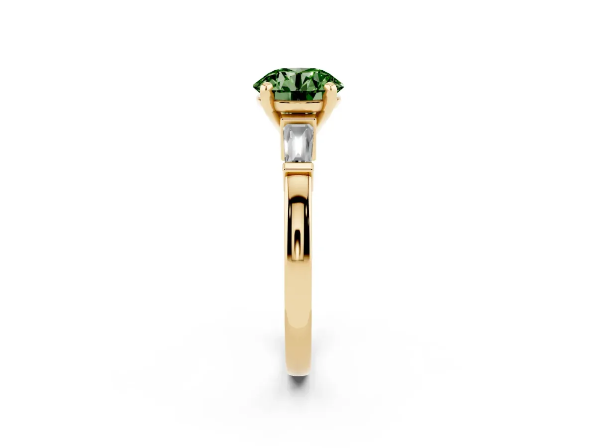 Fancy Green Round Cut Cut Diamond Solitaire Ring with Tapered Baguette Accents and Four-Prong Setting Yellow gold