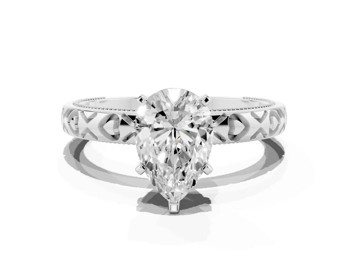 Pear Cut Solitaire Diamond Engagement Ring with XO Engraved Band and Four-Prong Setting White gold