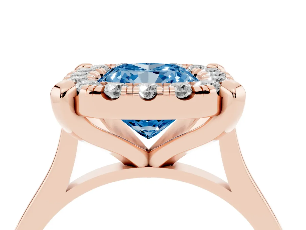 Fancy Blue Cushion Cut Diamond Cluster Halo Solitaire with Four-Prong Setting Rose gold