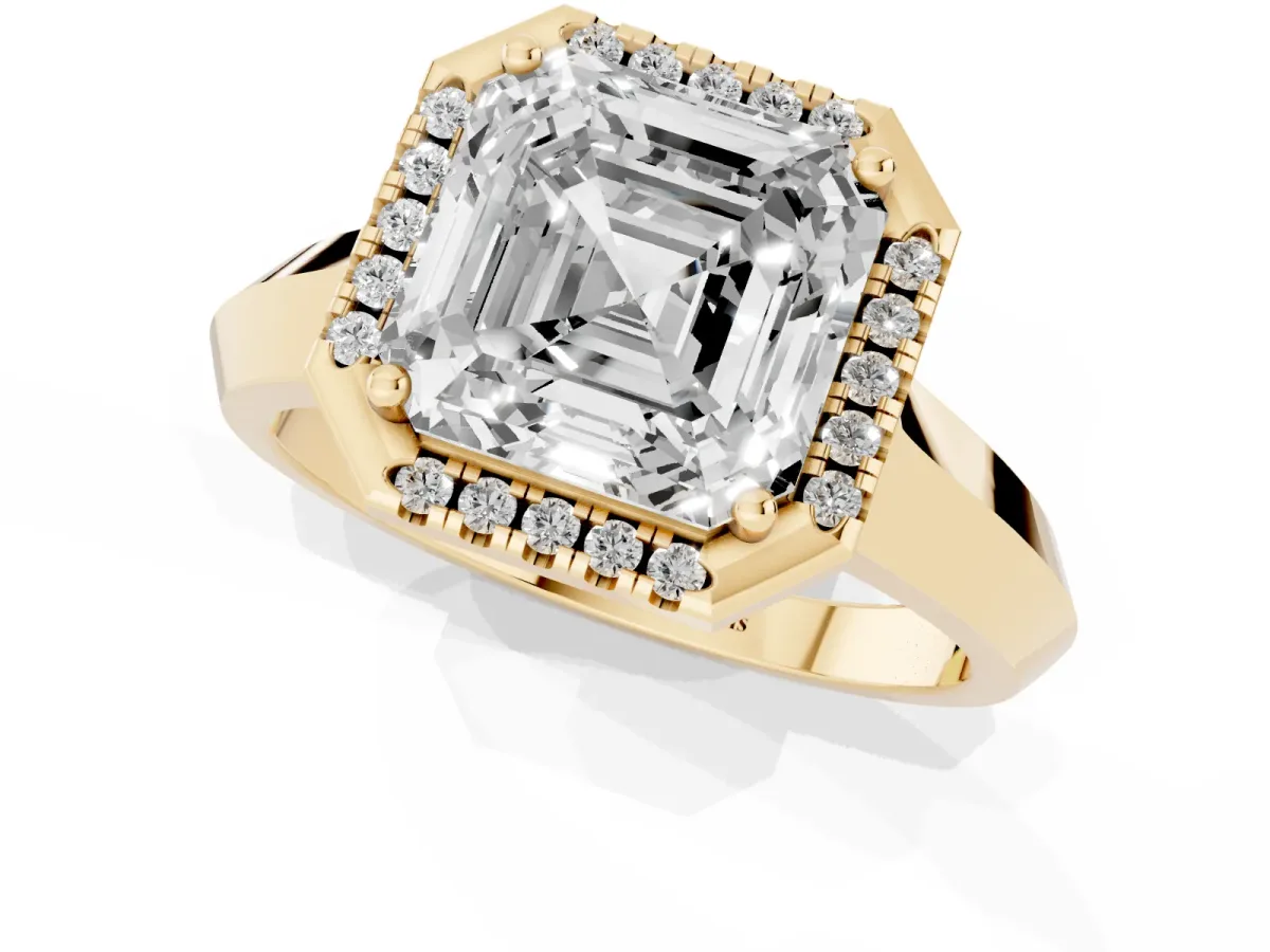 Asscher Cut Halo Diamond Ring with Cathedral Band and Four-Prong Setting Yellow gold