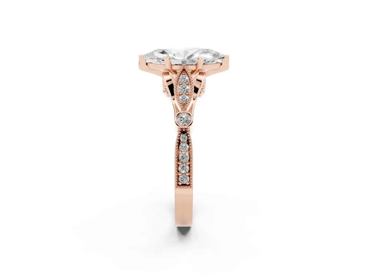 Marquise Cut Cut Diamond with Milgrain Marquise and Bezel Accents on a Solitaire Band with Prong Setting Rose gold
