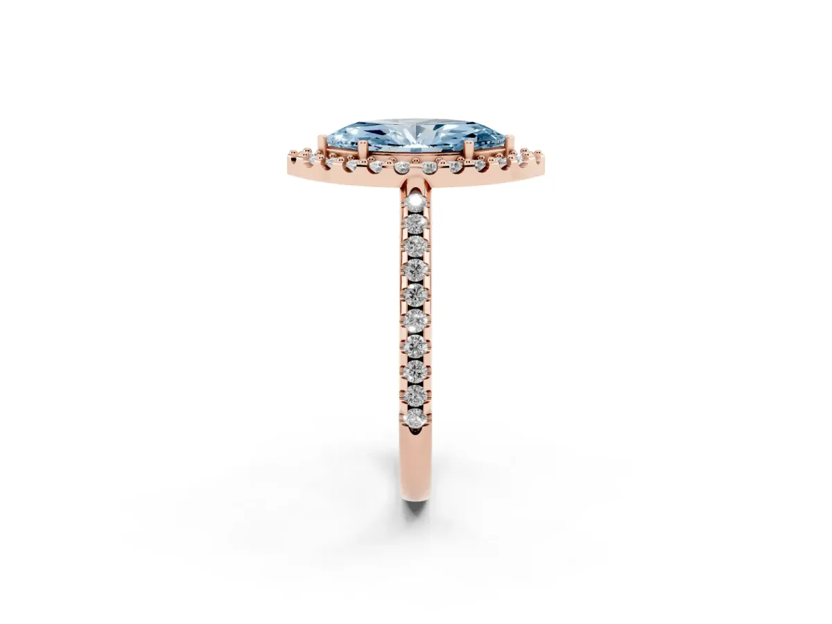 Fancy Blue Marquise Cut Diamond Pavé Halo Ring with Four-Prong Setting Rose gold